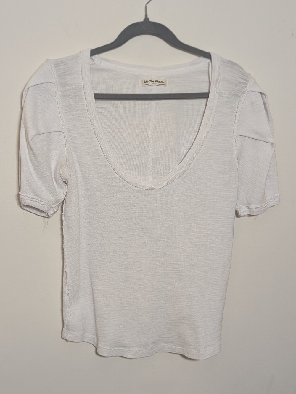 Free People We The Free White Puff Sleeve Exposed Seam Cotton Tee Size L